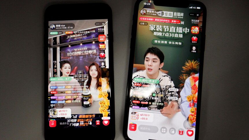 Two phones showing livestream from Austin Li and Viya. 
