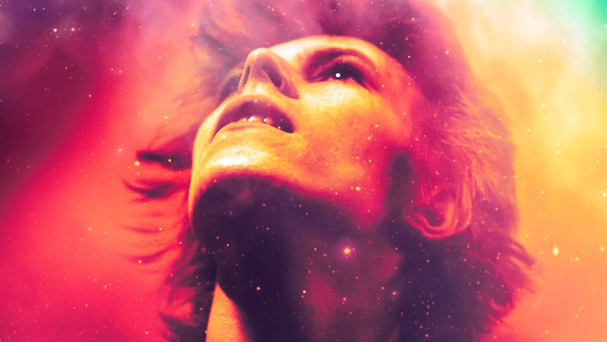 Heavily altered image featuring David Bowie in a starry galaxy on the poster of Moonage Daydream