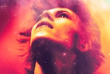 Heavily altered image featuring David Bowie in a starry galaxy on the poster of Moonage Daydream