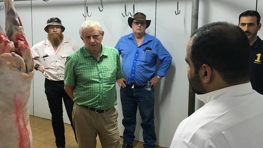 Sheep's carcase hangs on steel rails in white cool room as Australian and Middle East men stand in conversation
