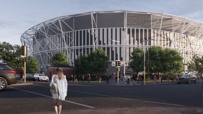 Artist impression of street view of proposed Te Kaha stadium.