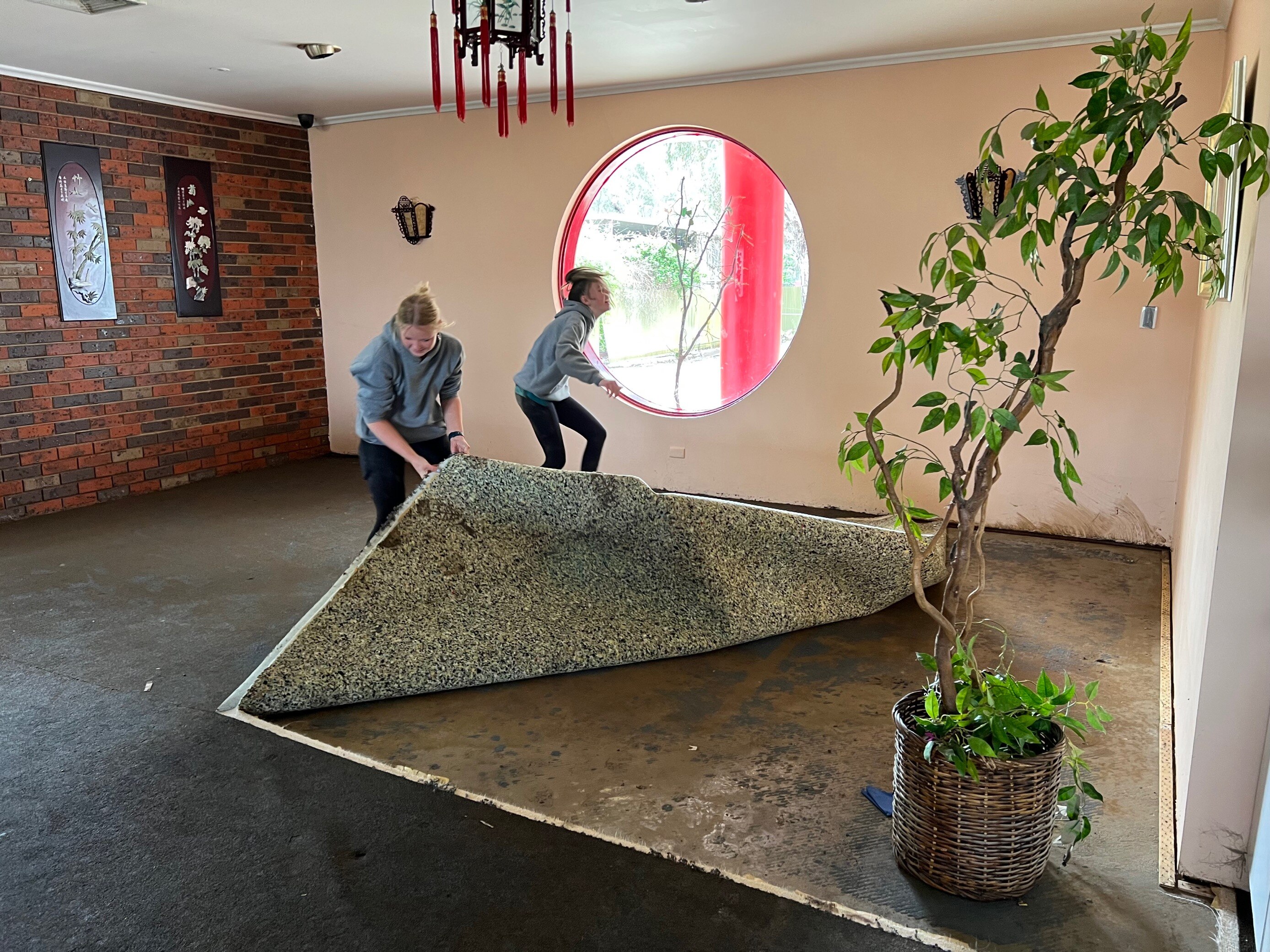 两名女士掀开被洪水浸泡坏了的地毯