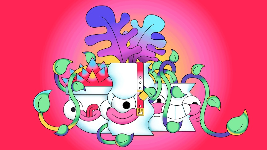 Bright illustration of three menacing-looking plants holding a pet's collar in its vine