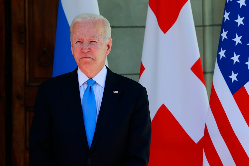 U.S. President Joe Biden looks on as he arrives for the U.S.-Russia summit