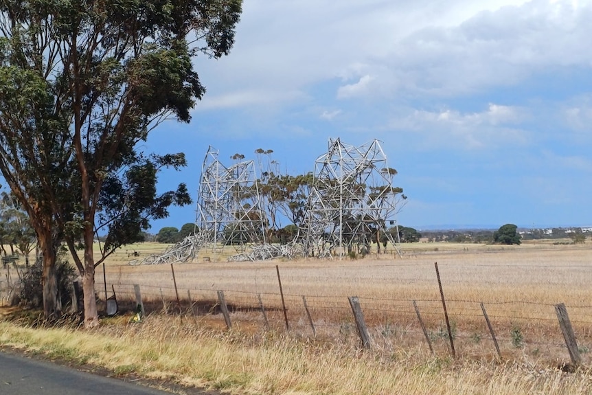 Collapsed transmission towers in a field.