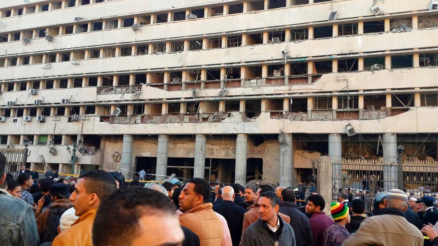 Cairo Security Directorate in Cairo, Egypt, damaged by bomb blast.