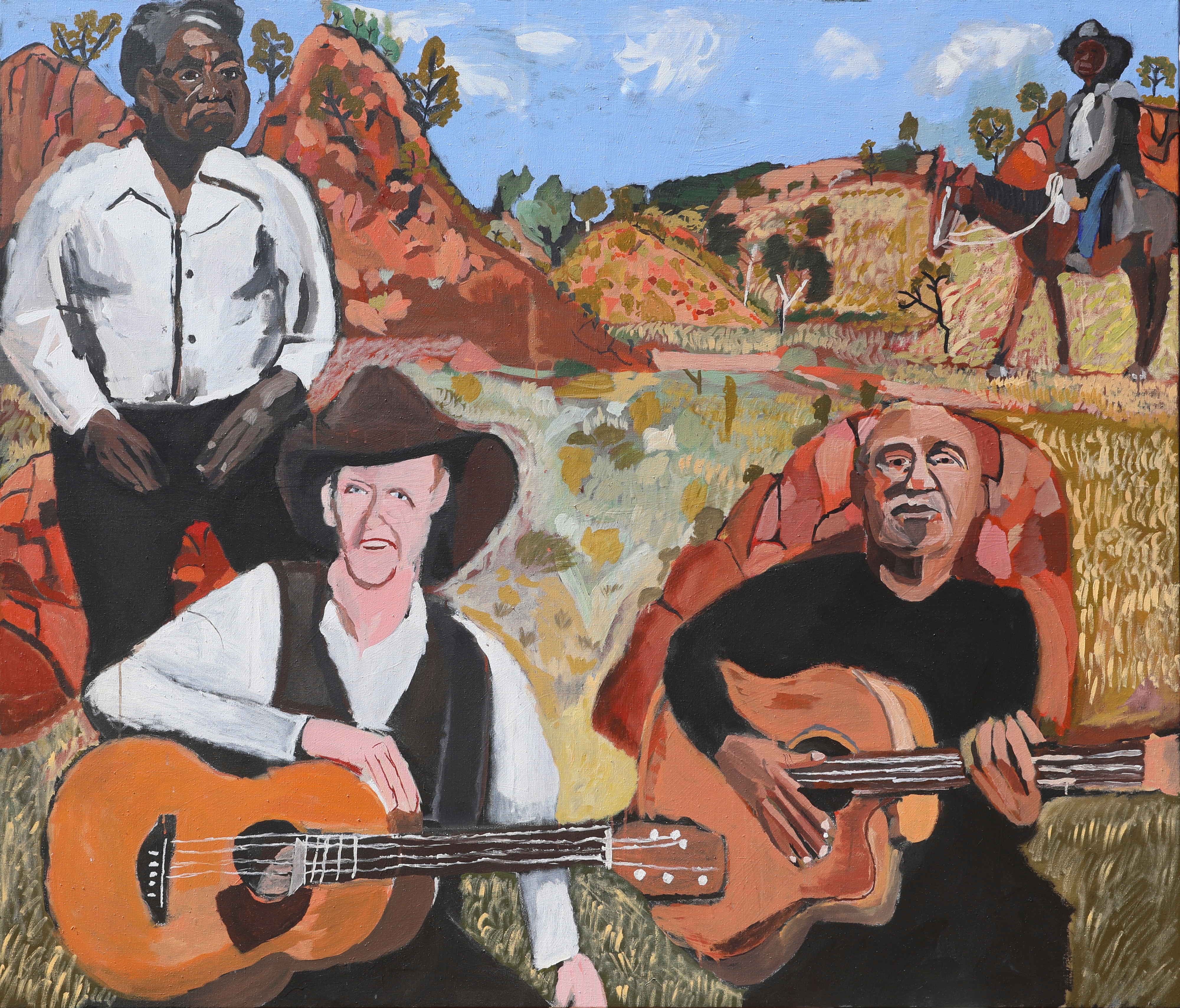 A painting of Albert Namatjira, Slim Dusty and Archie Roach on Country by Vincent Namatjira