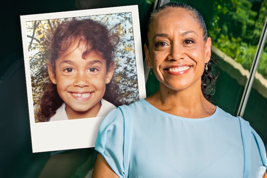 A composite image of a smiling woman next to a polaroid of herself in kindergarten.