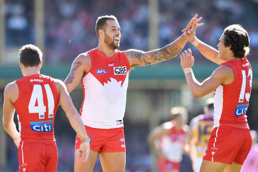 Sydney's Lance Franklin (C) is congratulated after his goal against Brisbane Lions at the SCG.