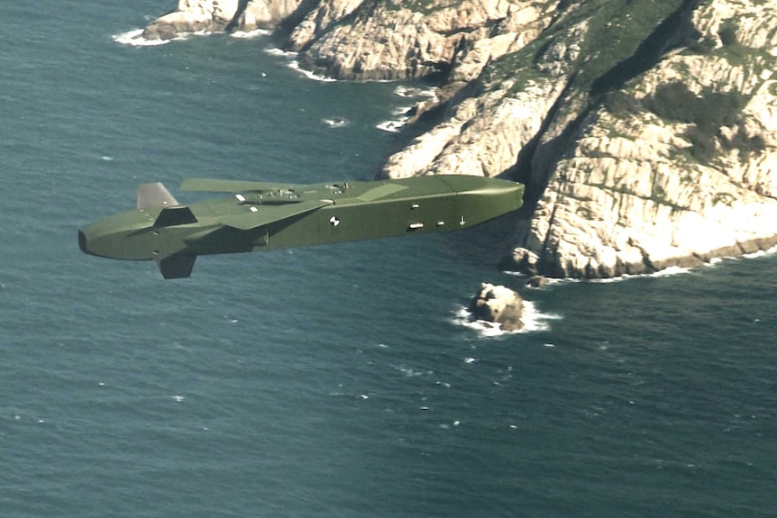 The Taurus missile is seen flying through the air over sea.