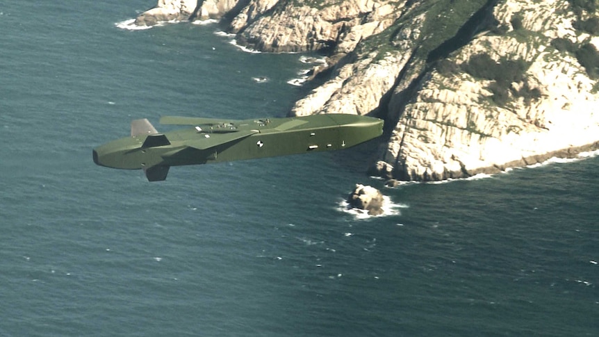 The Taurus missile is seen flying through the air over sea.