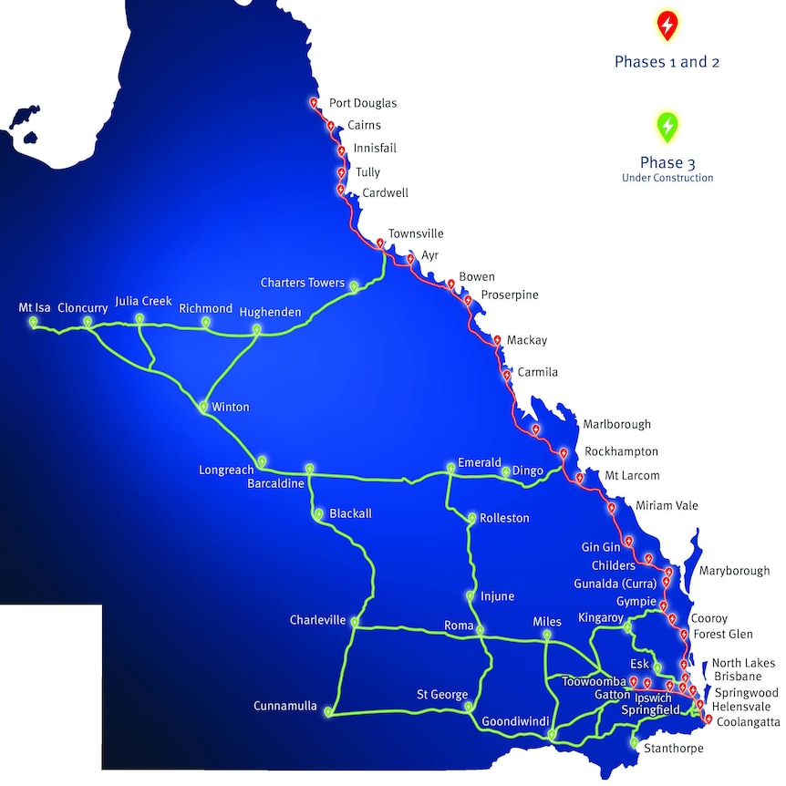 A map showing the location of electric charging stations in Queensland.