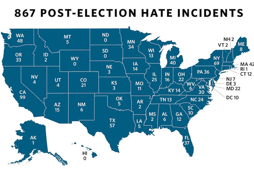 Southern Poverty Law Centre map showing breakdown of hate incidents