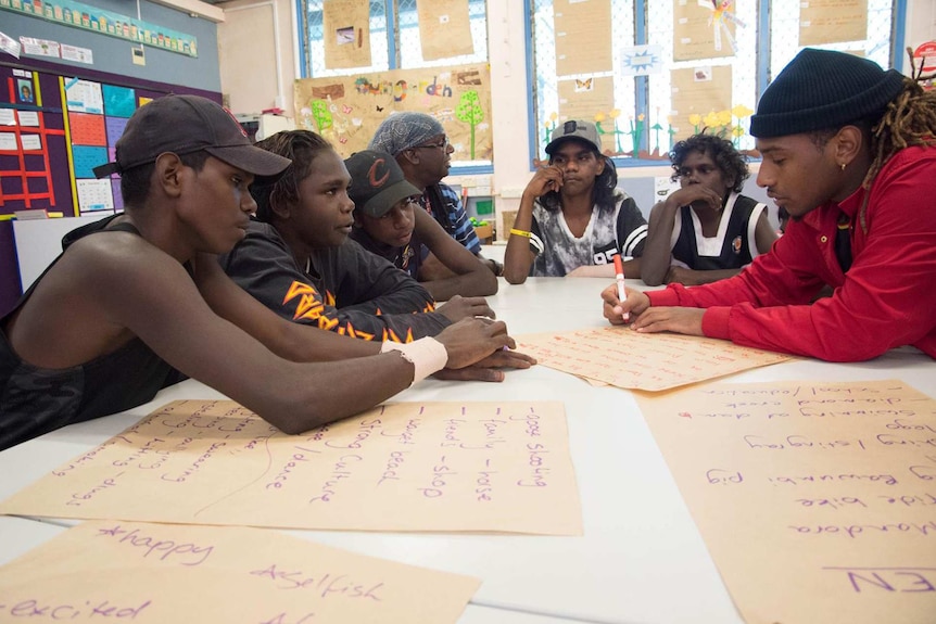 Belyuen teens workshop their video in a classroom