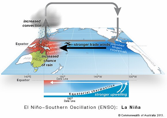 a weather graph shows when the Pacific enters a La Niña state stronger stronger trade winds pile up warmer water near Australia