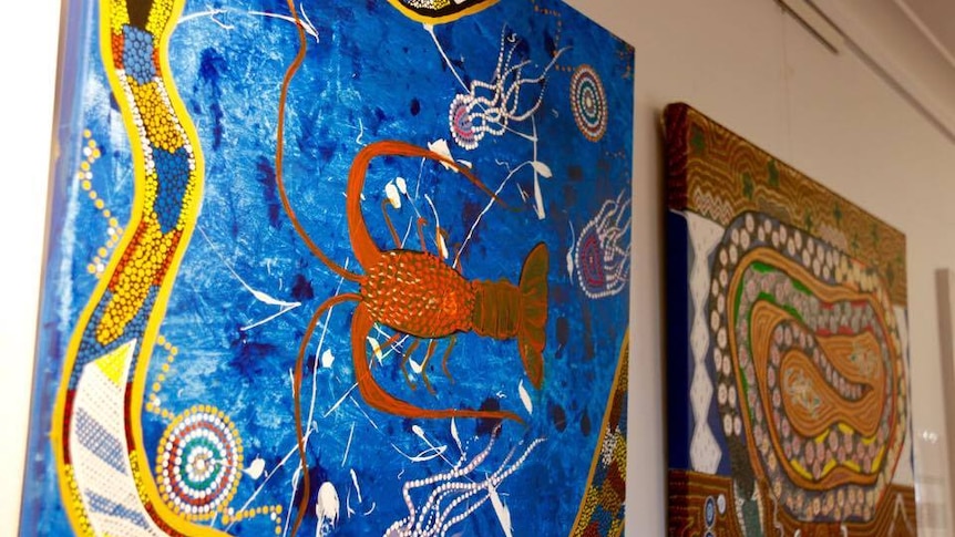 Two Indigenous paintings on exhibition painted by Canberra prisoners