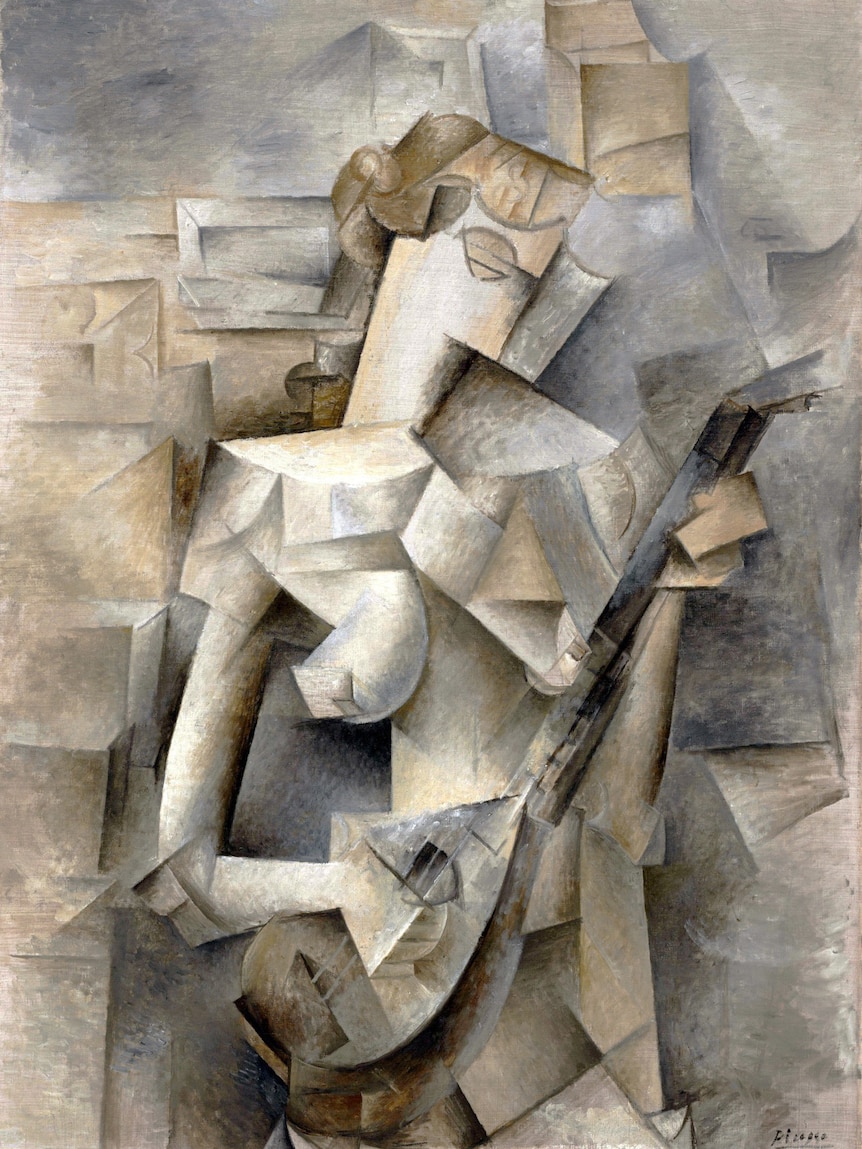 A cubist painting in muted colors representing a young girl holding a mandolin. 