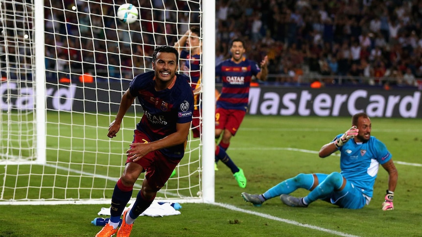 Pedro celebrates his goal for Barcelona against Sevilla in the UEFA Super Cup on August 11, 2015.