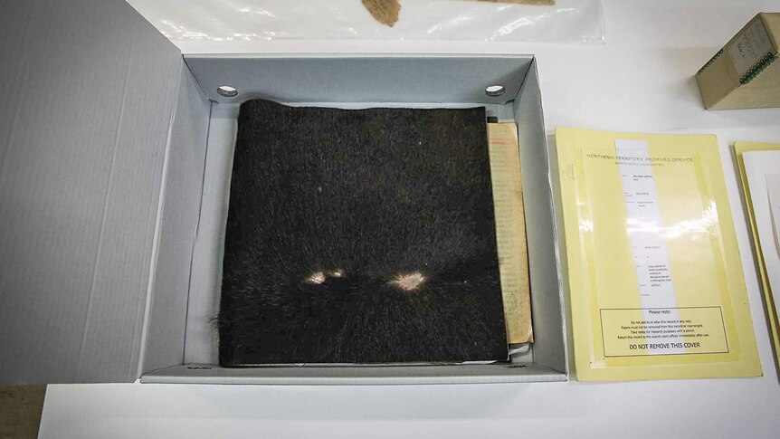 A bird's eye photo of a book bound by hairy cowhide.