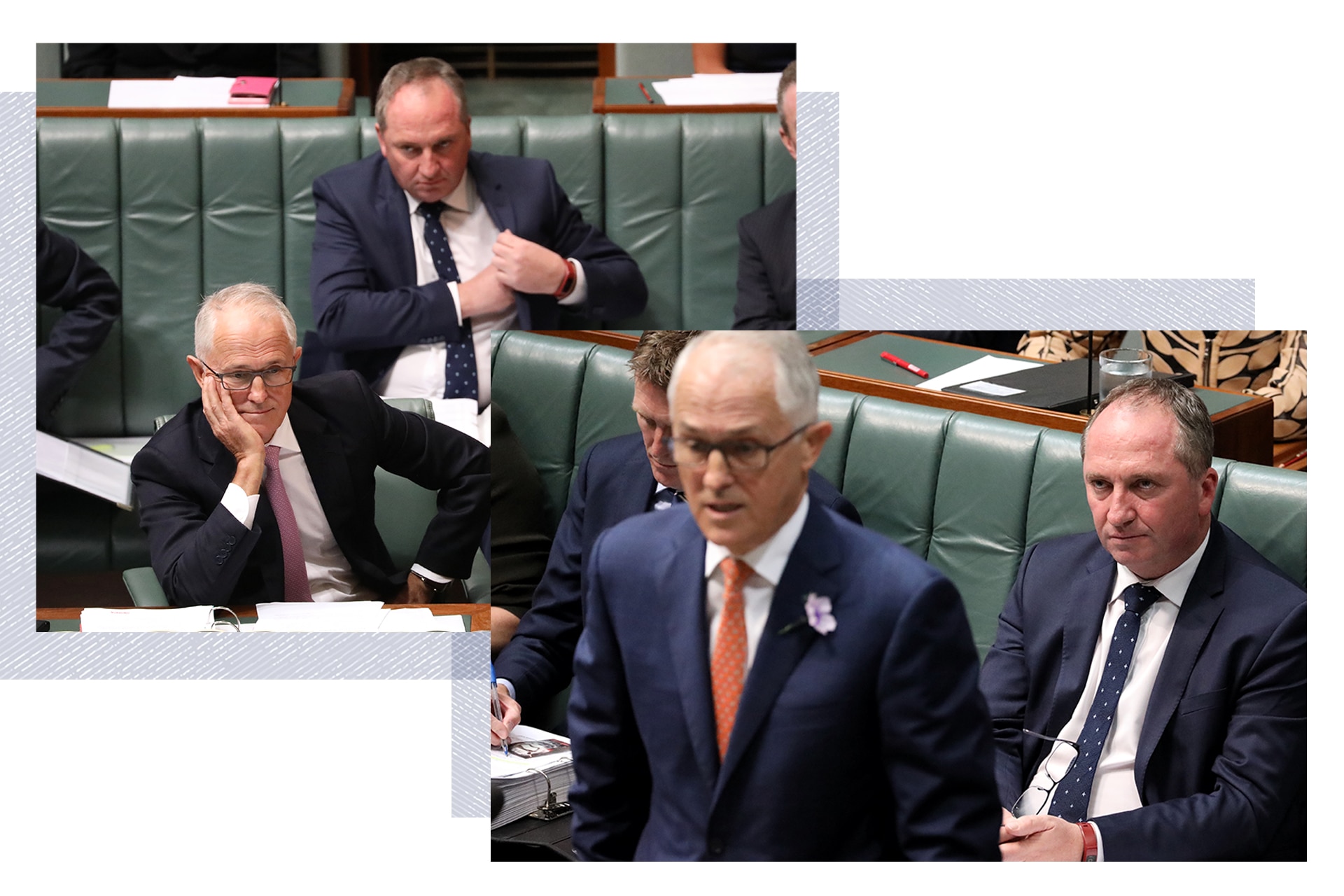 A composite of two images showing Barnaby Joyce sitting behind Malcolm Turnbull in parliament, glaring at him.