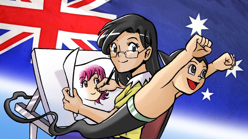 A comic depicting a woman drawing a character, astroboy bursting from behind and the australian flag in the background