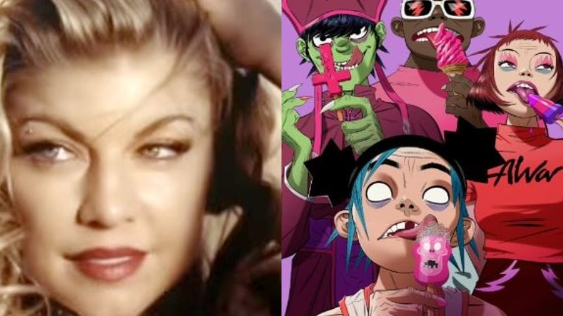 A close up of Fergie from Black Eyed Peas and the virtual Gorillaz group in a composite photo