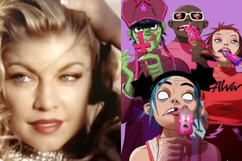 A close up of Fergie from Black Eyed Peas and the virtual Gorillaz group in a composite photo