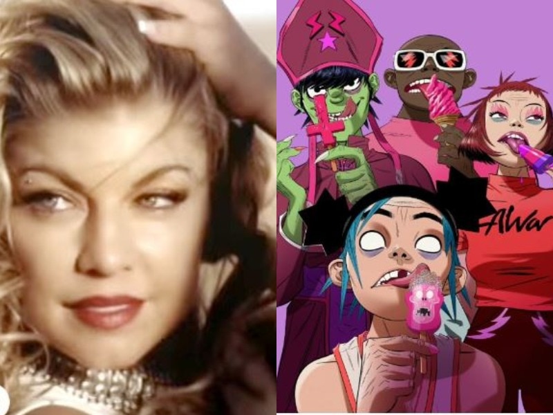 A close up of Fergie from Black Eyed Peas and the virtual Gorillaz group in a composite photo