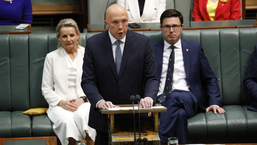 Peter Dutton at the lectern in the House of Representitives