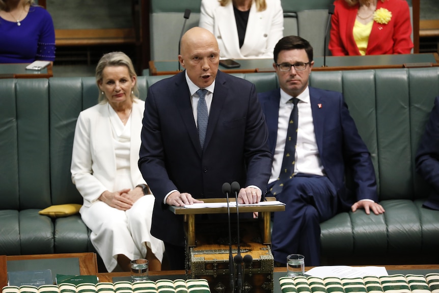 Peter Dutton at the lectern in the House of Representitives