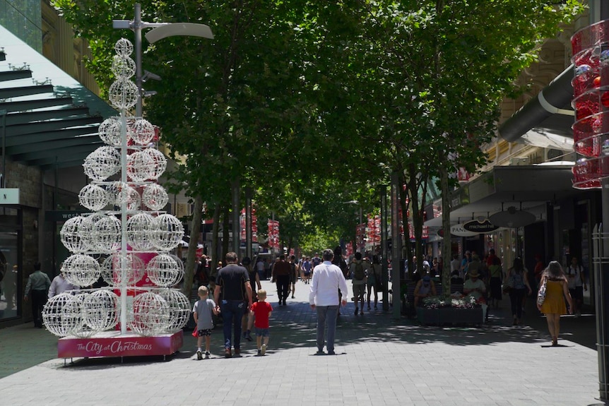 An open mall in the perth cbd with shoppers during christmas time.