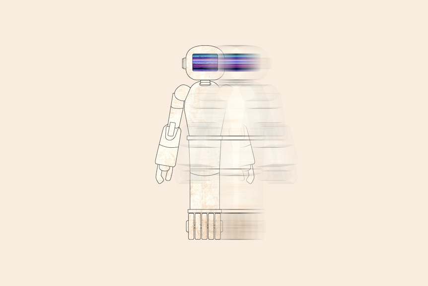 A white robot that is partly blurred on a pale background