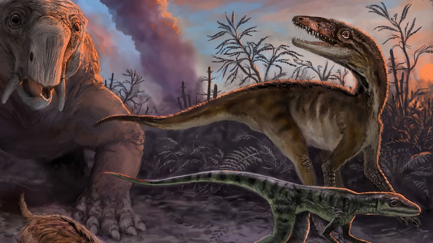 An artist's impression of ancient mammals and dinosaurs that lived 235 million years ago in northwestern Argentina