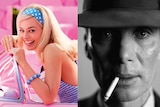 A blonde white woman smiles in the front seat of a small pink convertable, next to a photo of a man in a hat smoking a cigarette