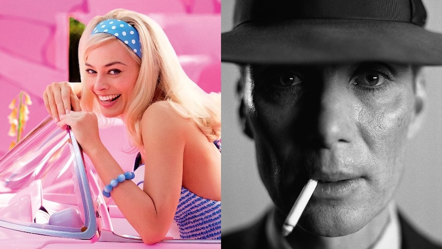 A blonde white woman smiles in the front seat of a small pink convertable, next to a photo of a man in a hat smoking a cigarette