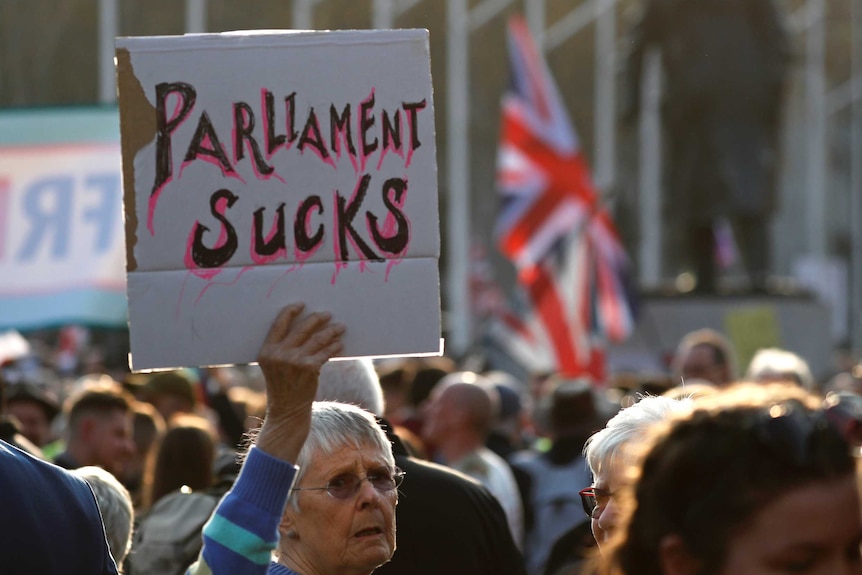 A woman holds a sign reading Parliament sucks during a Brexit protest
