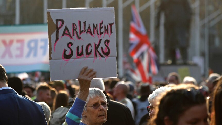 A woman holds a sign reading Parliament sucks during a Brexit protest