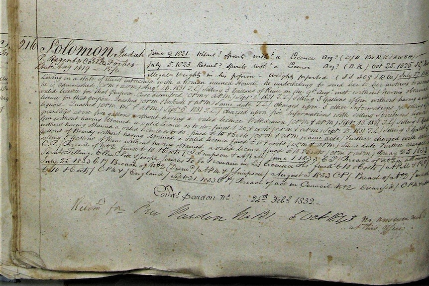 Detail of journal entry for convict Judah Solomon.
