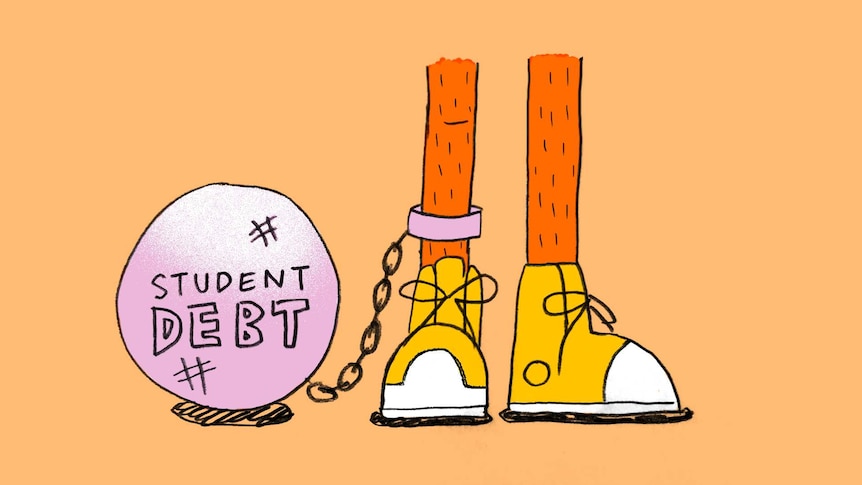 An illustration shows a ball with "student debt" written on it chained to a person's leg to depict paying back HECS debt.