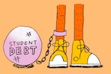 An illustration shows a ball with "student debt" written on it chained to a person's leg to depict paying back HECS debt.