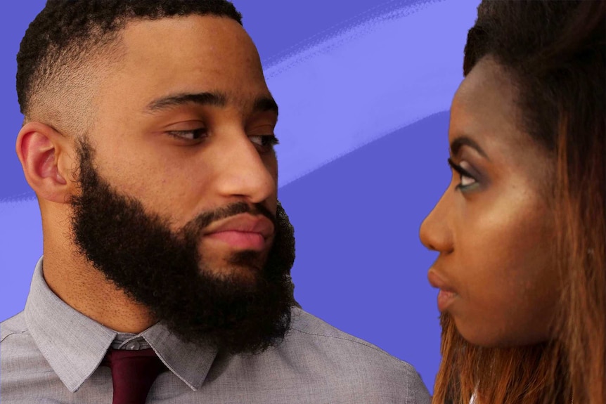 Man with a beard and a woman looking each at each other face-to-face for a story about conflict styles.