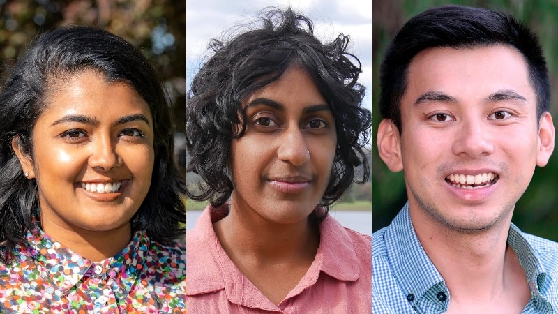 Composite image of three people smiling at the camera. 