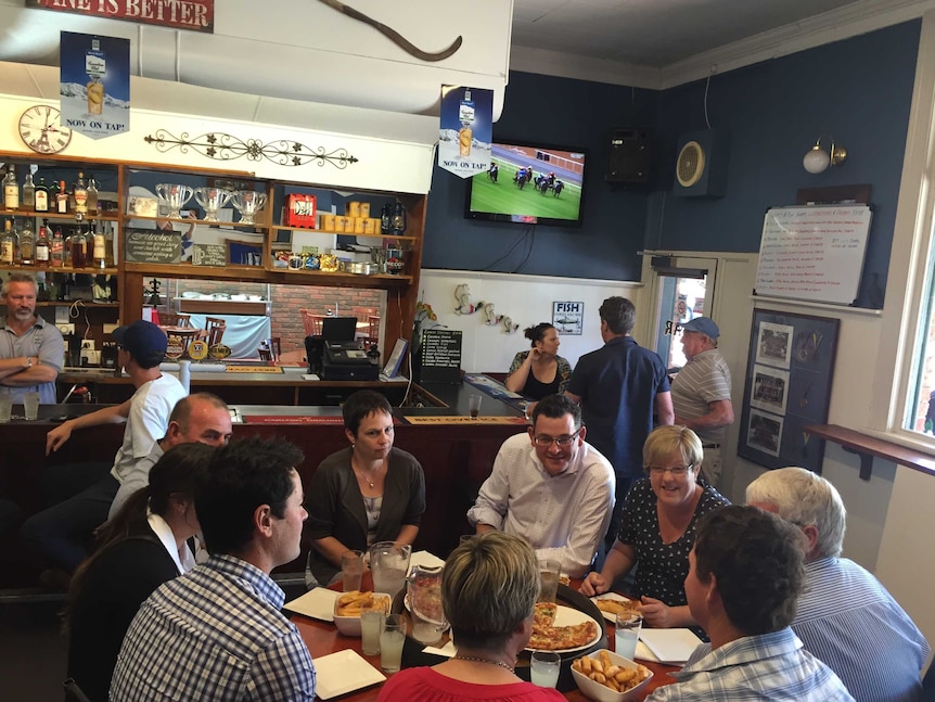 Premier Daniel Andrews, Agriculture Minister Jaala Pulford and Water Minister Lisa Neville meet farmers at Donald pub.