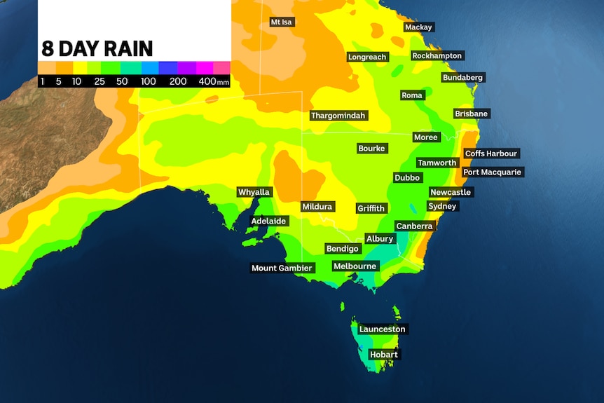 A map of Australia with colourful patches showing where rain will be heaviest