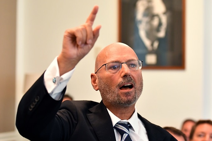 Arthur Sinodinos holds his hand in the air as he speaks with a portrait of Gough Whitlam blurred in the background.