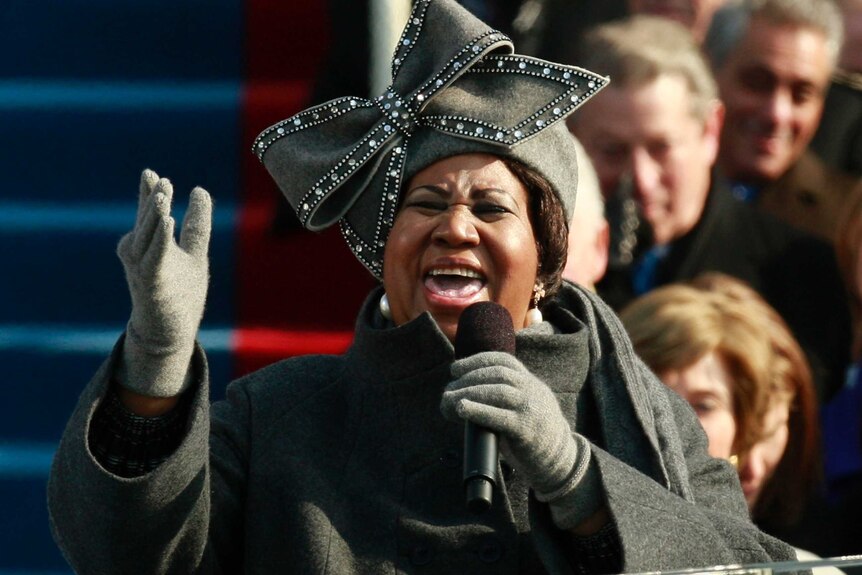 Aretha Franklin sings at Barack Obama's inauguration in 2009.