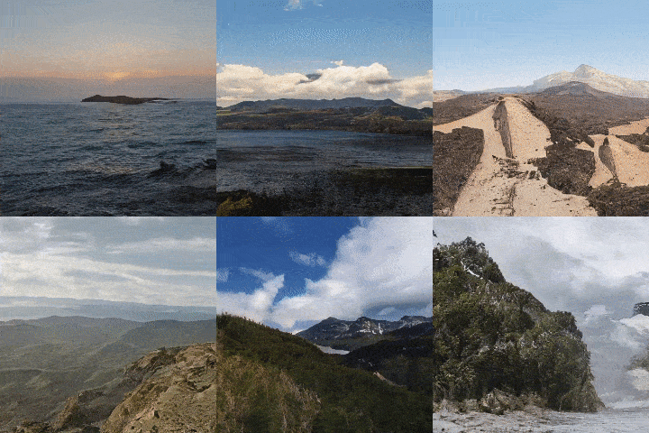 An animated gif of six fly-though images of AI-generated landscapes