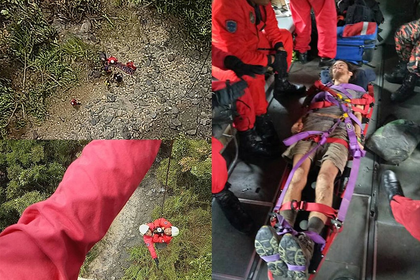 Andrew Gaskell is winched to safety by a Sarawak search and rescue helicopter.