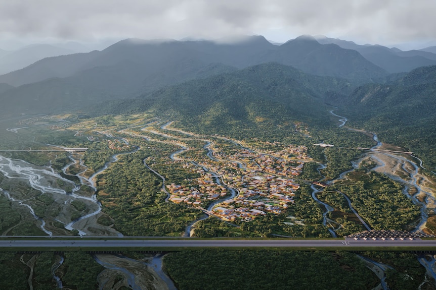 An artist's impression of an aerial view of the mindfulness city.