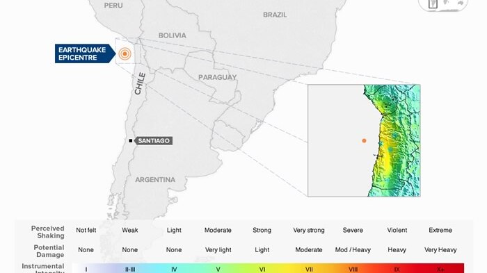 A magnitude 8.2 earthquake off the coast of Chile has caused a tsunami.